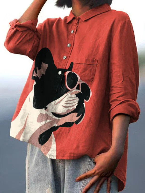 Decorative Pattern of French Bulldog Wearing Sunglasses On Red Background Casual Shirt