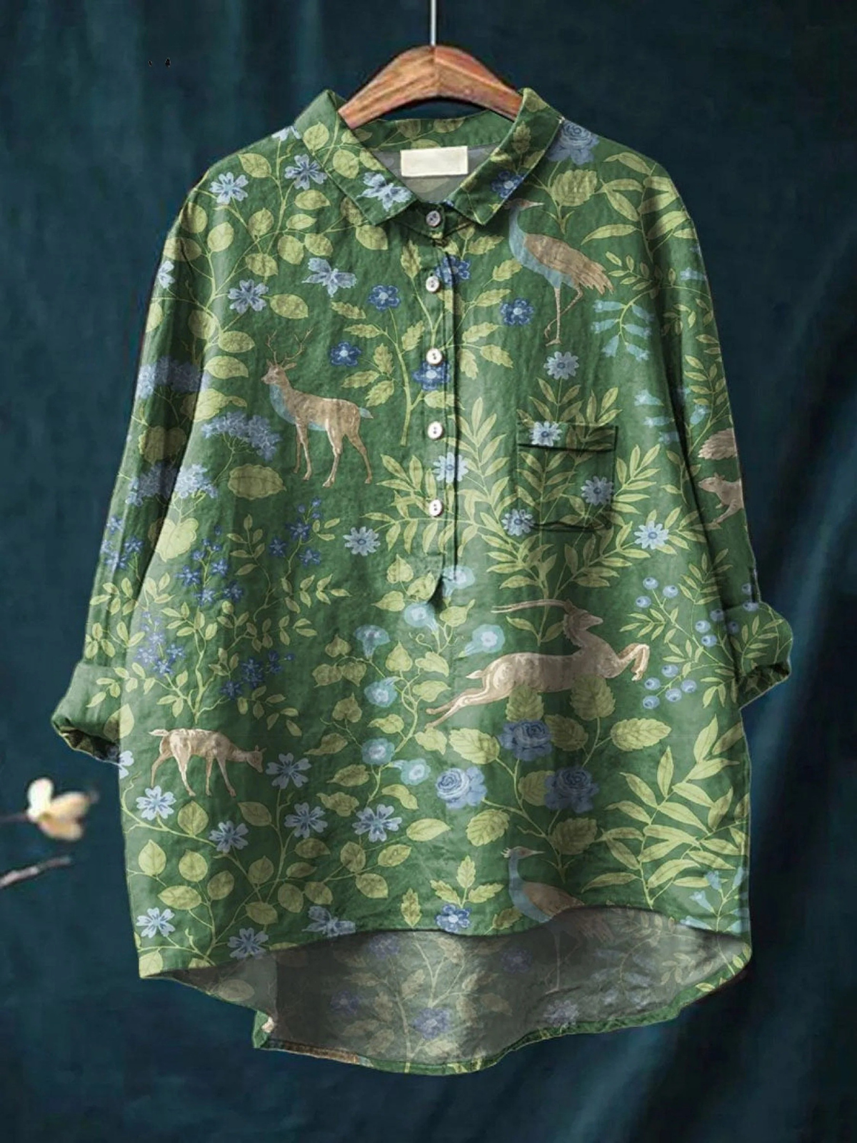 Women's Vintage Floral Animals Art Print Casual Shirt